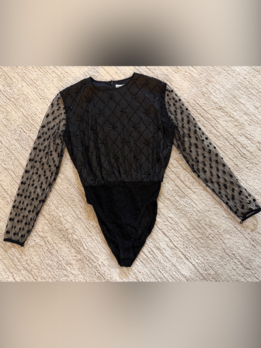 Bill Blass Black Sheer beaded silk Polka Dot Long Sleeve Bodysuit S